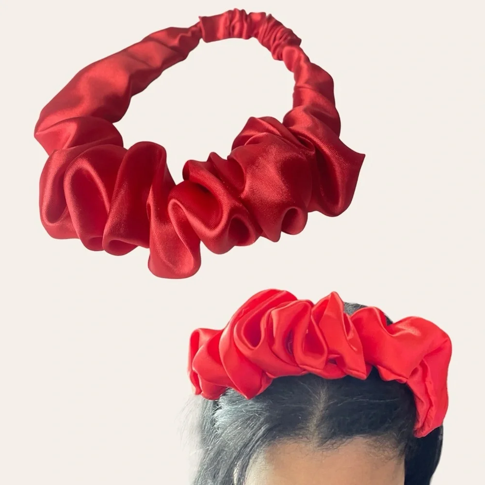 Red Satin Headband wrap scrunched For Women Pleated design - Picture 3 of 10